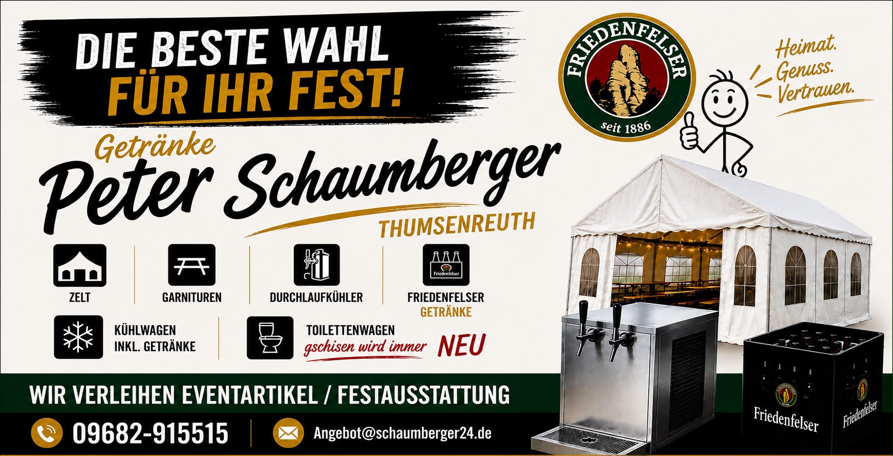 Werbeanzeige Getränke Peter Schaumberger Thumsenreuth – Zeltverleih, Garnituren, Durchlaufkühler, Friedenfelser Getränke, Kühlwagen, Toilettenwagen